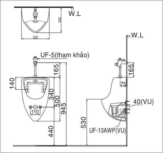 Bản vẽ kỹ thuật bồn tiểu nam Inax U-440V Bon tieu nam U-440V