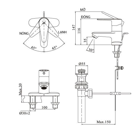 Vòi chậu lavabo nóng lạnh inax LFV-1102S-1