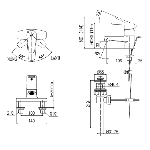 Vòi chậu lavabo nóng lạnh inax LFV-1201S-1