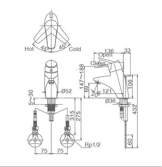 Vòi chậu lavabo nóng lạnh inax LFV-5102S tại Hải Phòng